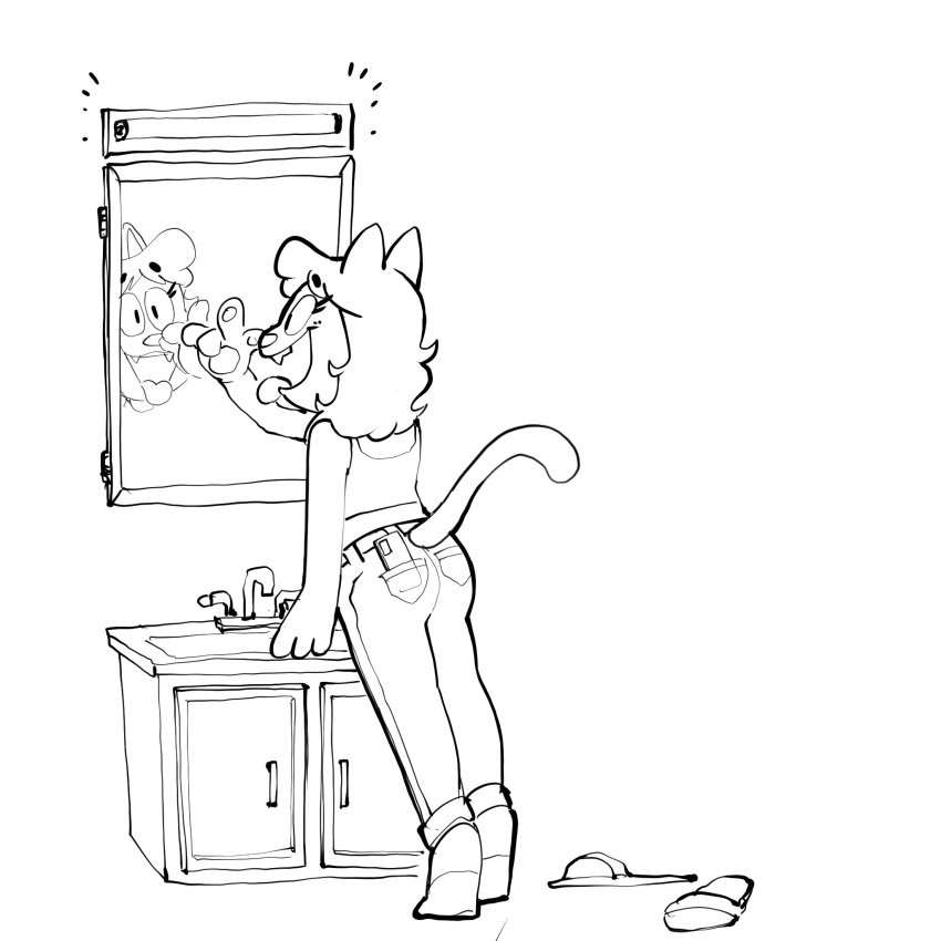 1:1 amy_(creator_ant) anthro bathroom_sink black_and_white clothed clothing creator_ant domestic_cat felid feline felis female flip_flops footwear hi_res light looking_at_self mammal mirror monochrome open_mouth sandals simple_background socks solo tail tongue tongue_out