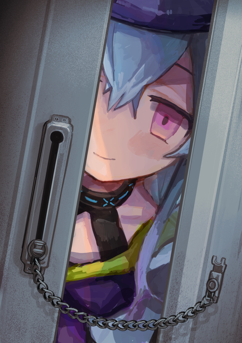 1boy absurdres arknights blue_hair blue_hat blush buchi0122 commentary door door_chain doorway empty_eyes gradient_hair hair_between_eyes hat highres infection_monitor_(arknights) long_hair male_focus mizuki_(arknights) multicolored_hair opening_door otoko_no_ko pink_eyes pov_doorway purple_hair smile solo