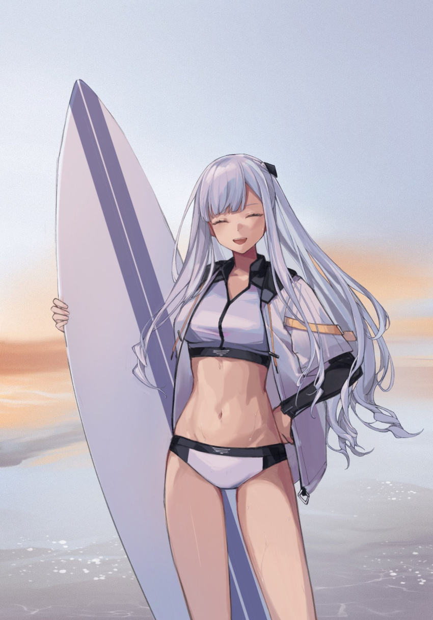 :d ak-12_(age_of_slushies)_(girls'_frontline) ak-12_(girls'_frontline) closed_eyes cowboy_shot crop_top female girls'_frontline grey_jacket highres holding holding_surfboard jacket long_hair midriff navel ocean open_clothes open_jacket open_mouth outdoors sidelocks sky smile solo sports_bikini standing sunset surfboard swimsuit taiyang_ami water white_hair