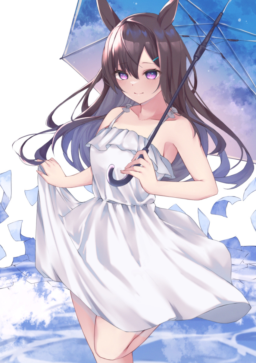 animal_ears bad_id bad_pixiv_id bare_arms blush breasts brown_hair caustics closed_mouth dress female hair_ornament hairclip highres hojiro_same holding holding_umbrella horse_ears horse_girl long_hair mejiro_dober_(umamusume) purple_eyes skirt_hold sleeveless sleeveless_dress small_breasts smile solo standing umamusume umbrella water white_dress