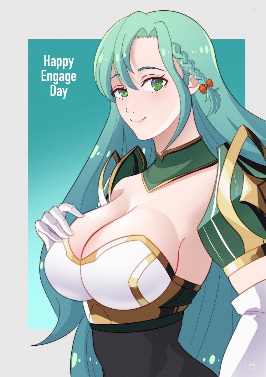 aqua_hair armor breasts chloe_(fire_emblem) cleavage commentary elbow_gloves female fire_emblem fire_emblem_engage gloves green_eyes hair_between_eyes highres ihsnet large_breasts long_hair looking_at_viewer pauldrons shoulder_armor smile solo upper_body very_long_hair white_gloves