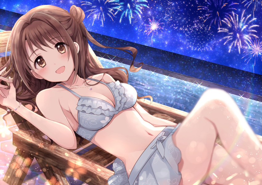 beach_chair bikini bikini_skirt brown_hair female fireworks frilled_bikini frills gum_(vivid_garden) highres idolmaster idolmaster_cinderella_girls idolmaster_cinderella_girls_starlight_stage lying navel night night_sky ocean on_back outdoors poolside shimamura_uzuki sky swimsuit