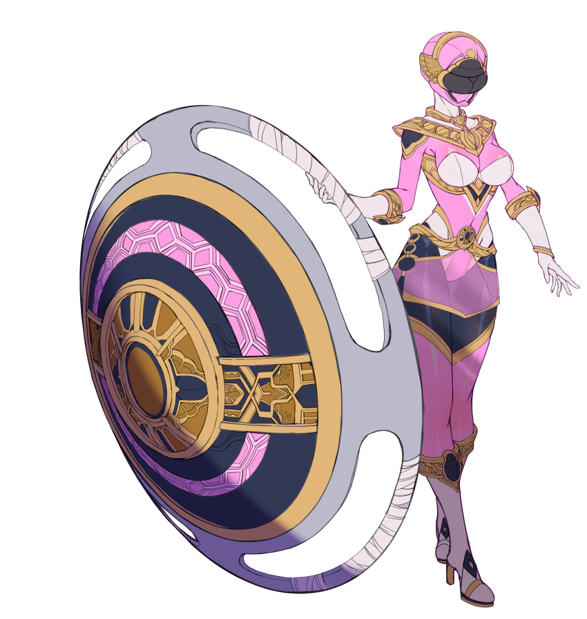 absurdres armored_boots bodysuit boots breasts catball1994 chouriki_sentai_ohranger female full_body gloves helmet high_heel_boots high_heels highres hip_vent holding holding_shield huge_weapon impossible_bodysuit impossible_clothes long_sleeves miniskirt momo_maruo ohpink overskirt pink_bodysuit pink_skirt power_rangers power_rangers_zeo see-through see-through_skirt shield simple_background skirt solo standing super_sentai tokusatsu weapon white_background white_footwear white_gloves zeo_ranger_i_pink