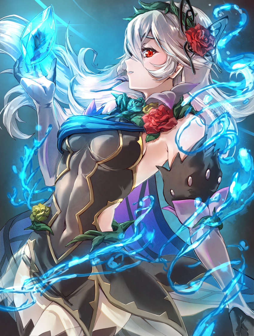 absurdres bare_shoulders black_thighhighs clear_glass_(mildmild1311) corrin_(female)_(fire_emblem) corrin_(female)_(resplendent)_(fire_emblem) corrin_(fire_emblem) covered_navel dragonstone dress female fire_emblem fire_emblem_fates fire_emblem_heroes flower glowing grey_hair hair_flower hair_ornament hairband highres official_alternate_costume pointy_ears red_eyes rose see-through short_dress solo teeth thighhighs thorns water zettai_ryouiki