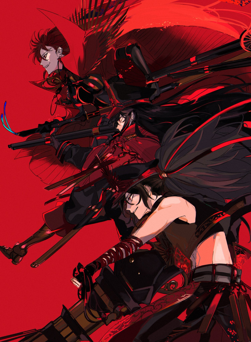 1boy 2girls age_difference armor armored_boots bangs belt black_belt black_bodysuit black_coat black_gloves black_hair black_pants bodysuit boots breastplate breasts cape chains cloak coat cowboy_shot ddlcclia ears_visible_through_hair eyebrows eyebrows_visible_through_hair eyelashes family_crest fate/grand_order fate_(series) fingerless_gloves gloves grin gun hand_up hat highres hip_focus holding holding_gun holding_weapon jacket katana long_hair machine_gun medallion military military_uniform multiple_girls oda_kippoushi_(fate) oda_nobunaga_(fate) oda_nobunaga_(koha/ace) oda_nobunaga_(maou_avenger)_(fate) oda_uri open_mouth pants peaked_cap ponytail popped_collar red_background red_cape red_eyes red_hair shirt skin_tight sleeveless sleeveless_shirt smile standing standing_on_one_leg sword teeth twitter_username uniform very_long_hair weapon