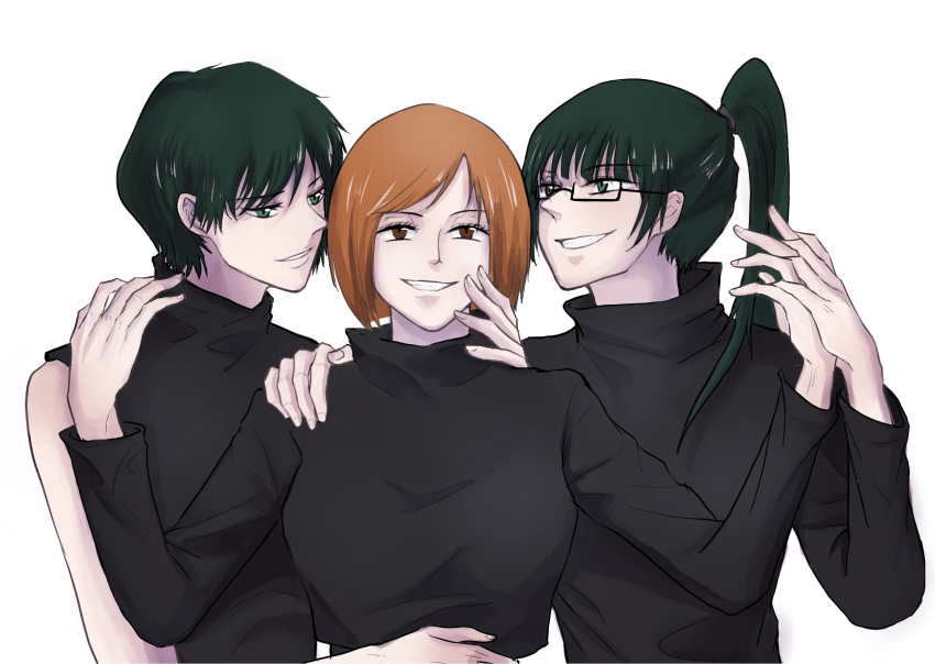 3girls arm_around_shoulder black_eyes black_hair black_shirt breasts brown_hair couple dress glasses hand_on_another's_cheek hand_on_another's_face harem highres jujutsu_kaisen kugisaki_nobara long_hair looking_at_another looking_at_viewer medium_breasts multiple_girls polygamy ponytail school_uniform shimaidon_(sex) shirt short_hair siblings sisters sleeveless sleeveless_dress smile syafuri wife_and_wife_and_wife yuri zen'in_mai zen'in_maki