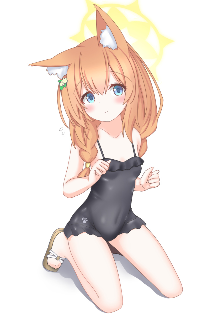 animal_ear_fluff animal_ears black_one-piece_swimsuit blonde_hair blue_archive blue_eyes blush braid breasts casual_one-piece_swimsuit cat_ears cat_girl covered_navel feet female flower frilled_one-piece_swimsuit frills hair_flower hair_ornament halo highres langley1000 long_hair looking_at_viewer mari_(blue_archive) mari_(swimsuit)_(blue_archive) one-piece_swimsuit paw_print sandals simple_background sitting small_breasts smile solo swimsuit thighs toes twin_braids twintails white_background yellow_halo