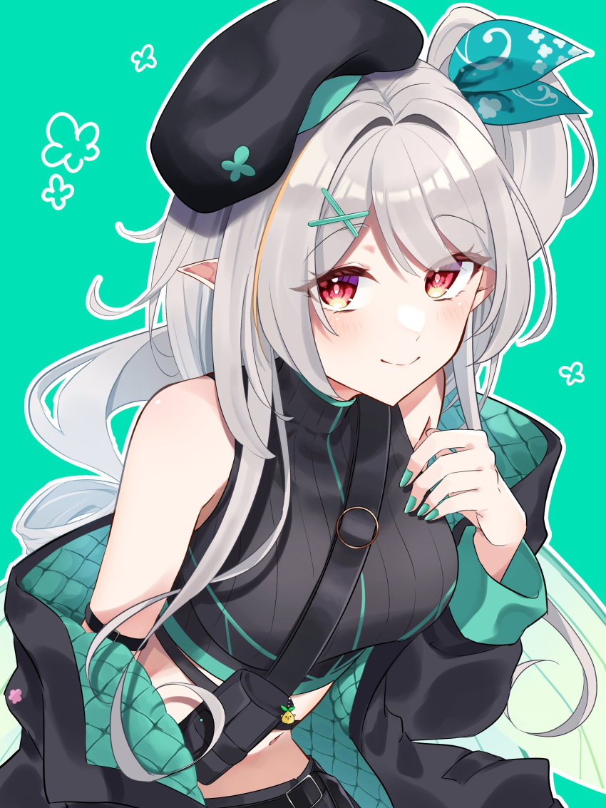 absurdres armband bare_shoulders beret black_hat black_jacket black_shirt blue_ribbon breasts crop_top female green_background green_nails grey_hair hair_ornament hair_ribbon hand_on_own_chest hat highres jacket long_hair long_sleeves looking_at_viewer medium_breasts nail_polish navel nijisanji nijisanji_en off_shoulder official_alternate_hair_color one_side_up open_clothes open_jacket pointy_ears pomu_rainpuff pomu_rainpuff_(3rd_costume) pomudachi_(pomu_rainpuff) quilted_clothes quilted_jacket red_eyes ribbon shirt simple_background sleeveless sleeveless_shirt smile solo virtual_youtuber x_hair_ornament yukino_0306