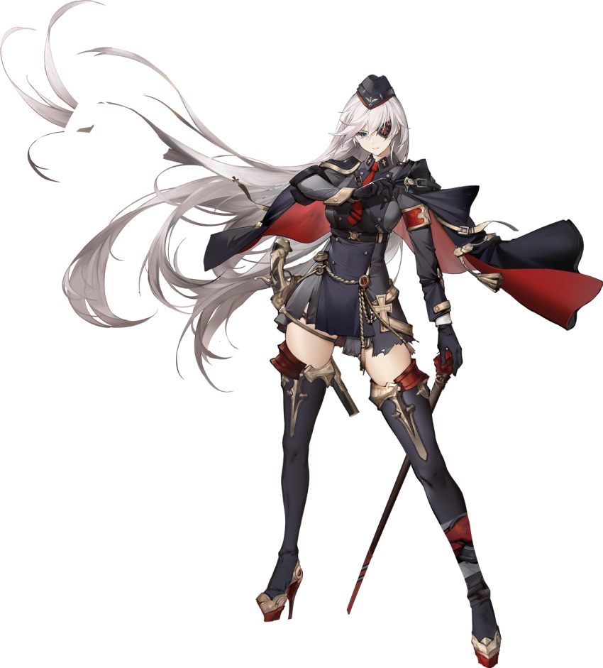 azur_lane black_gloves black_headwear blue_eyes eyepatch female full_body gloves hat high_heels highres long_hair looking_at_viewer mkiiiiii official_art one_eye_covered scharnhorst_(azur_lane) scharnhorst_(meta)_(azur_lane) simple_background standing thighhighs transparent_background weapon white_hair