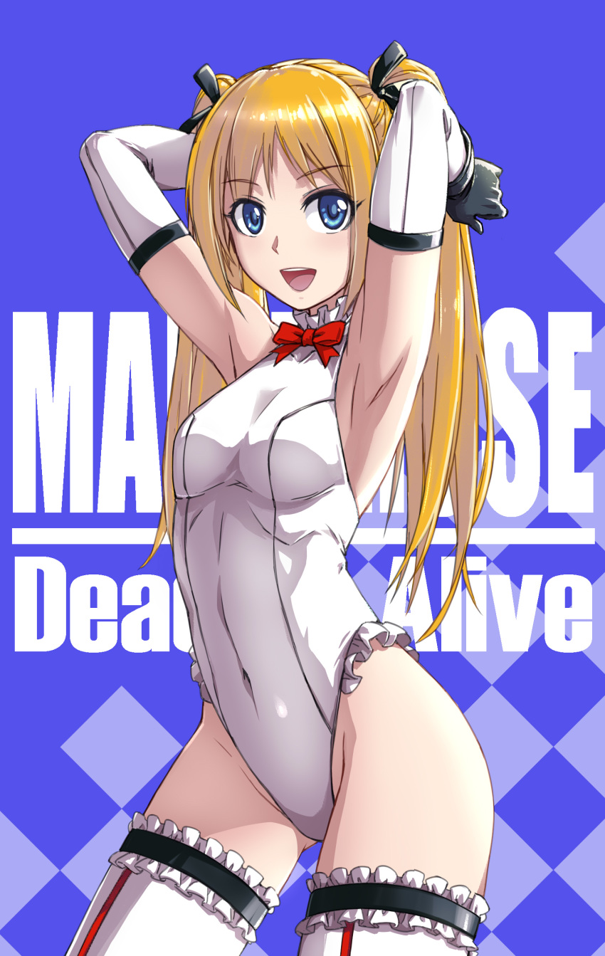 absurdres armpits arms_up ass_visible_through_thighs bare_shoulders blonde_hair blue_eyes bow breasts covered_navel cowboy_shot dead_or_alive elbow_pads female fish.boy frilled_leotard frills gloves highleg highleg_leotard highres legs_apart leotard long_hair looking_at_viewer marie_rose open_mouth photoshop_(medium) red_bow revision simple_background skin_tight small_breasts solo thighhighs twintails white_gloves white_leotard white_thighhighs