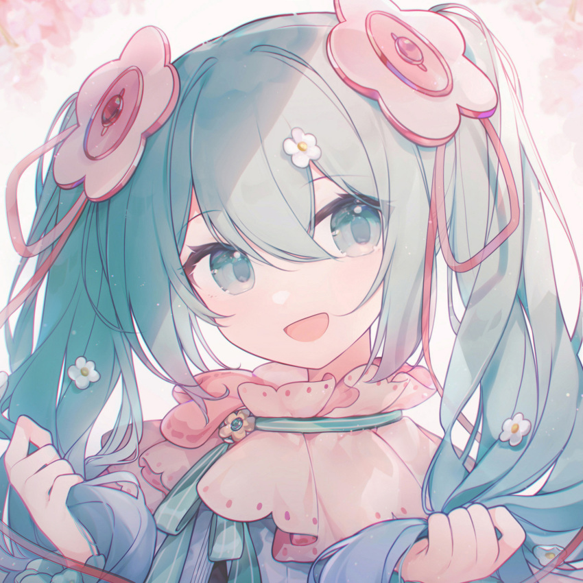 aqua_eyes aqua_hair blue_shirt collar commentary eta female flower frilled_collar frills green_ribbons hair_flower hair_ornament hatsune_miku highres holding holding_own_hair long_hair looking_to_the_side magical_mirai_(vocaloid) magical_mirai_miku magical_mirai_miku_(2021) neck_ribbon open_mouth pink_collar pink_headwear ribbon shirt sidelocks simple_background smile solo twintails upper_body vocaloid white_background white_flower