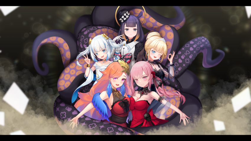 5girls anniversary asymmetrical_docking blonde_hair blue_eyes blunt_bangs breast_press breasts cleavage detached_collar dress embroidered_dress gawr_gura gawr_gura_(party_dress) grey_hair halo highres hololive hololive_english holomyth hoshino_aoi_(la_huynh_hai_than) large_breasts letterboxed long_hair looking_at_viewer mori_calliope mori_calliope_(party_dress) multiple_girls ninomae_ina'nis ninomae_ina'nis_(party_dress) ok_sign open_mouth orange_hair outstretched_arms pink_eyes pink_hair purple_eyes purple_hair red_dress sharp_teeth sleeveless sleeveless_dress smile takanashi_kiara takanashi_kiara_(party_dress) teeth tentacle tentacle_hair tiara v virtual_youtuber watson_amelia watson_amelia_(party_dress) wings