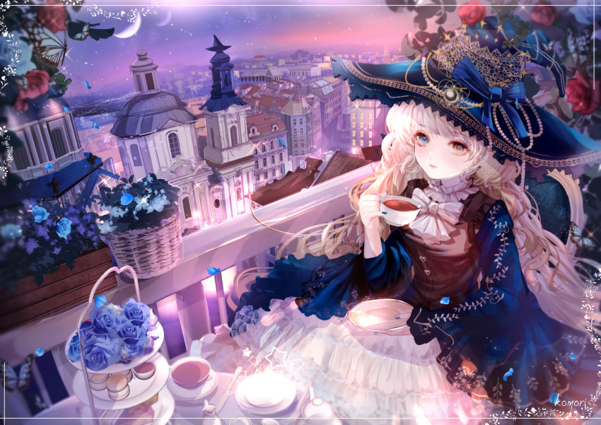 aqua_butterfly architecture blonde_hair blue_cape blue_eyes blue_flower blue_hat blue_nails blue_ribbon blue_rose border bow bowtie brown_eyes brown_shirt bug building butterfly cape commentary_request cup feet_out_of_frame female flower food frilled_skirt frills gradient_sky hat hat_ribbon heterochromia highres holding holding_cup holding_saucer komorihikki long_hair nail_polish night night_sky original outdoors pink_sky purple_sky railing ribbon rose saucer shirt skirt sky solo sparkle star_(symbol) teacup tiered_tray white_bow white_bowtie white_skirt wicker_basket witch_hat