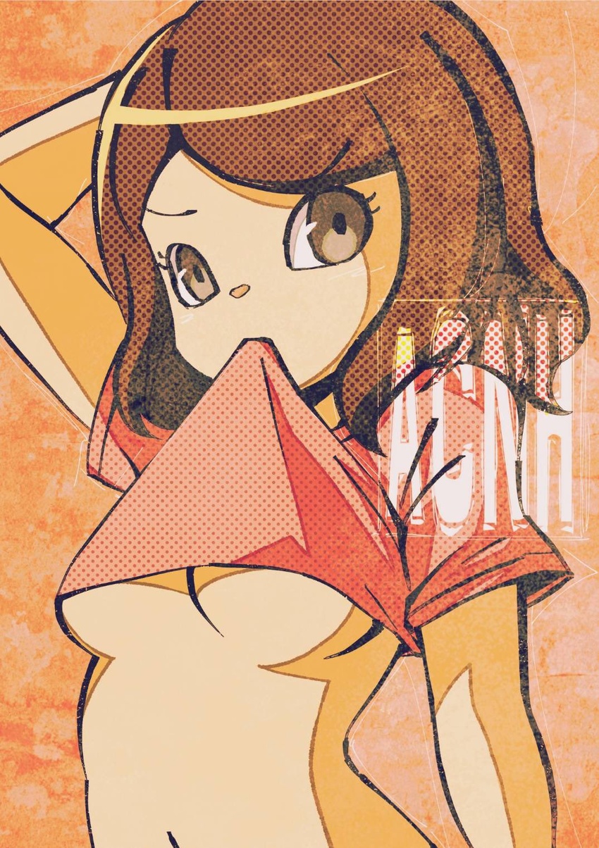 animal_crossing arm_at_side arm_up breasts brown_hair clothes_lift copyright_name eyelashes female grey_eyes highres lifting_own_clothes medium_breasts mouth_hold muramasa_mikado murana_(muramasa_mikado) navel pink_shirt shirt shirt_lift short_sleeves solo swept_bangs t-shirt underboob v-shaped_eyebrows villager_(animal_crossing)