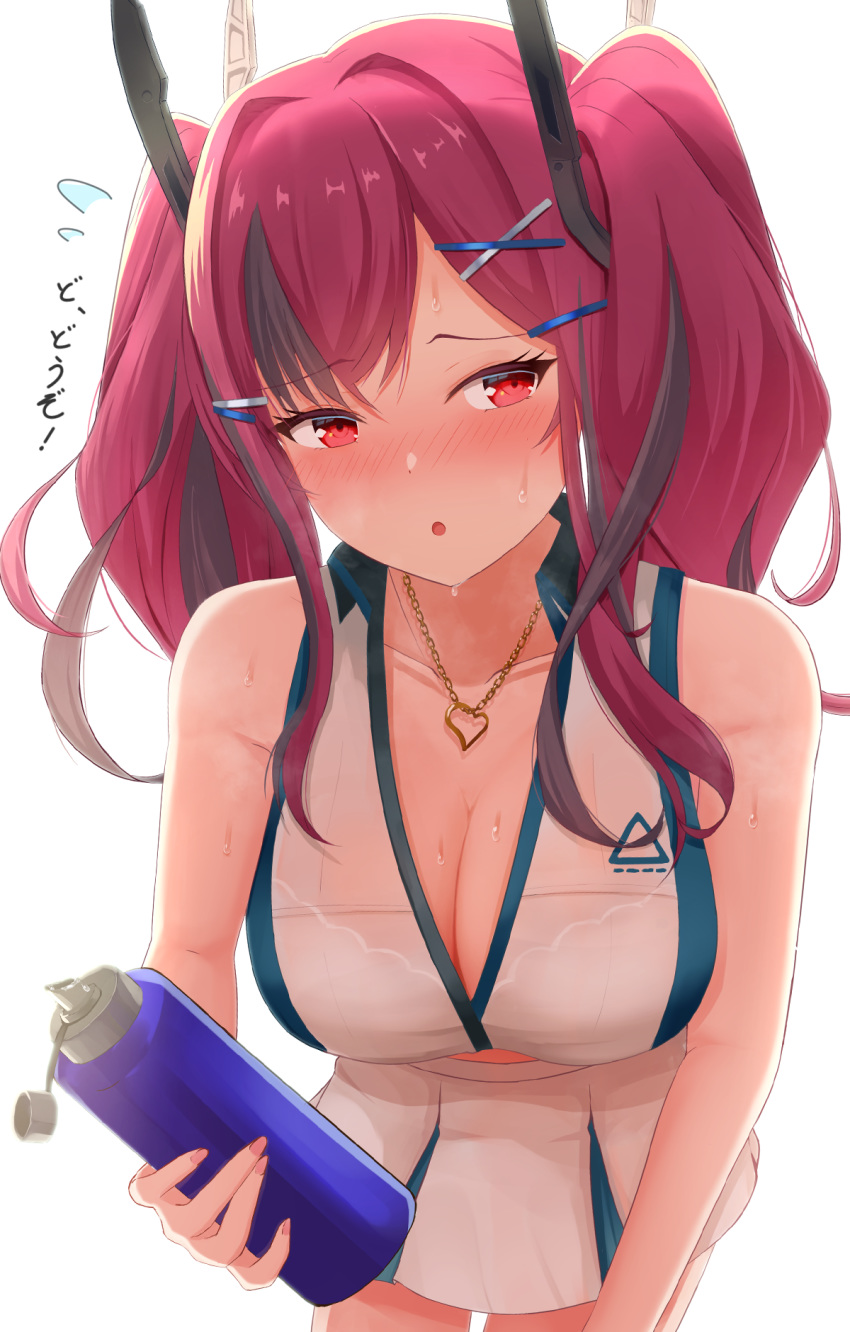 :o azur_lane bare_shoulders black_hair blush bottle bra breasts bremerton_(azur_lane) bremerton_(scorching-hot_training)_(azur_lane) cleavage collarbone commentary_request cowboy_shot crop_top female flying_sweatdrops green_skirt hair_between_eyes hair_intakes hair_ornament hairclip heart heart_necklace highres hikkyou holding holding_bottle jewelry large_breasts leaning_forward long_hair looking_at_viewer md5_mismatch midriff multicolored_hair nail_polish necklace no_mole nose_blush official_alternate_costume pink_eyes pink_hair pink_nails see-through shirt sidelocks simple_background skirt sleeveless sleeveless_shirt solo sportswear standing steam streaked_hair sweat tennis_uniform translation_request twintails two-tone_hair two-tone_shirt two-tone_skirt underwear water_bottle wet wet_clothes wet_shirt white_background white_bra white_shirt white_skirt x_hair_ornament