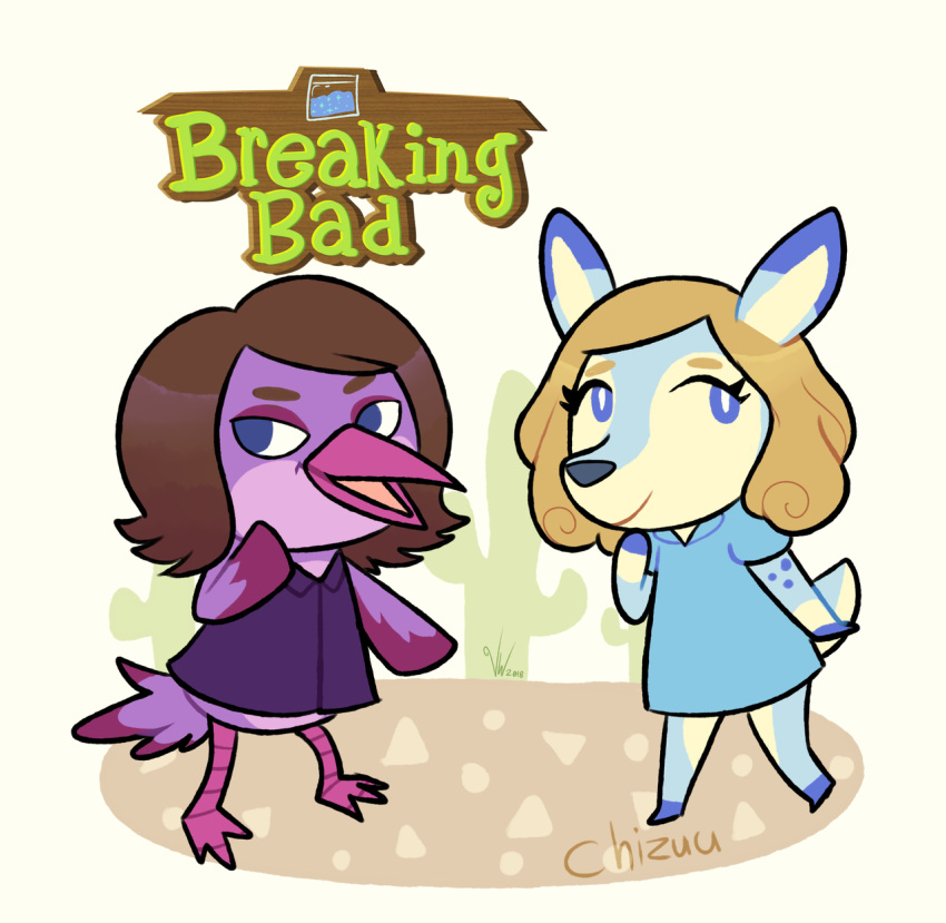 alternate_species animal_crossing anthro avian beak black_nose blonde_hair blue_body blue_clothing blue_eyes blue_fur breaking_bad brown_hair cervine clothed clothing crossover deer detailed_background digital_drawing_(artwork) digital_media_(artwork) duo female flat_colors fluffy fluffy_tail fur furrification hair hi_res iirene mammal marie_schrader nintendo open_mouth purple_body purple_clothing purple_fur shirt skyler_white smile standing tail text topwear