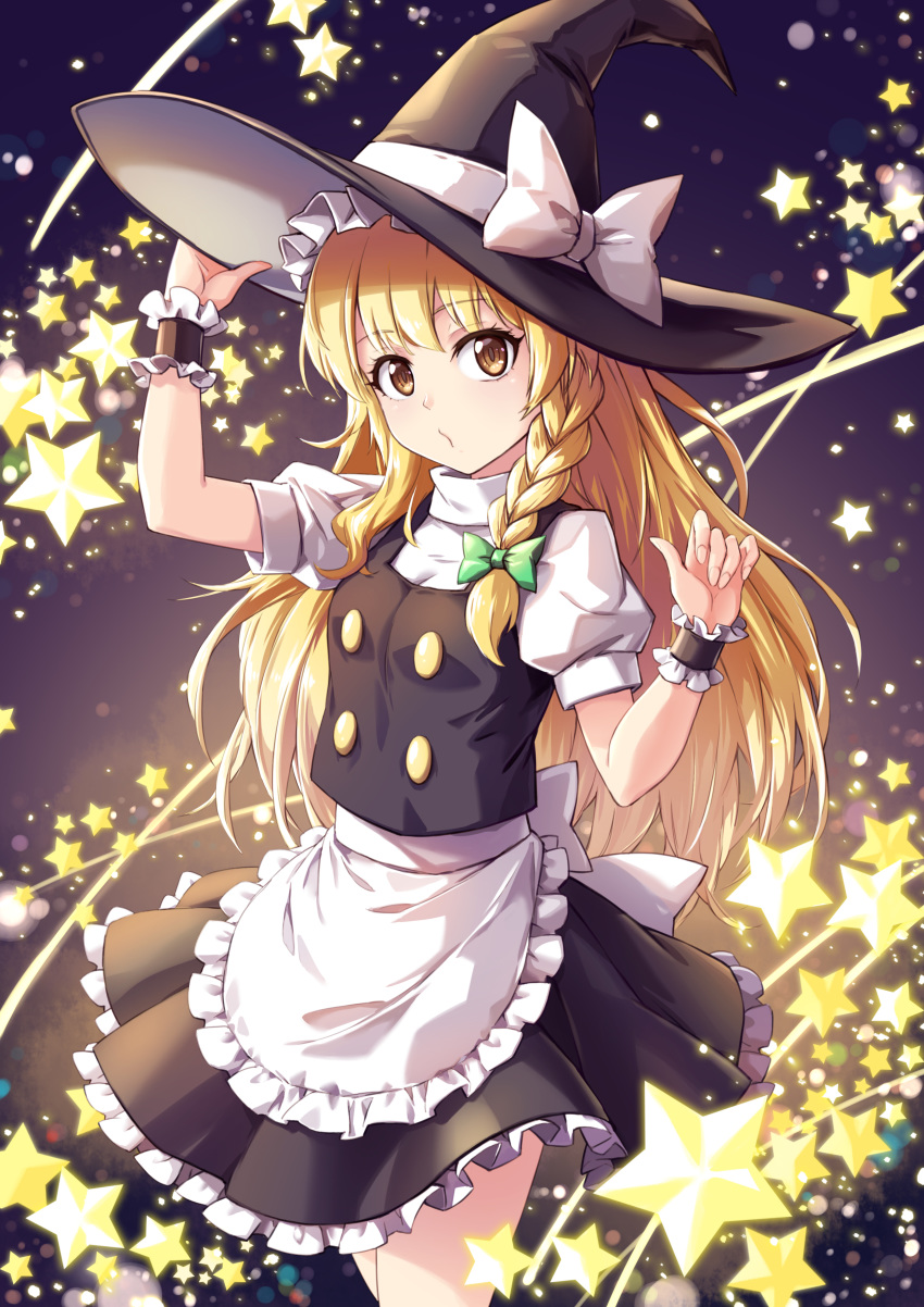 absurdres apron black_dress blonde_hair bow braid cowboy_shot dress female fish.boy frilled_dress frills green_bow hairbow hand_on_headwear hat highres kirisame_marisa long_hair looking_at_viewer puffy_short_sleeves puffy_sleeves short_sleeves side_braid single_braid solo touhou waist_apron witch_hat wrist_cuffs yellow_eyes