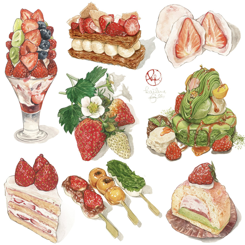 artist_logo cake check_commentary commentary_request daifuku dango flower food food_focus food_request fruit highres ichigo_daifuku kailene matcha_(food) mille-feuille mitarashi_dango no_humans original painting_(medium) parfait signature simple_background still_life strawberry strawberry_blossoms strawberry_shortcake sweets swiss_roll traditional_media wagashi watercolor_(medium) white_background