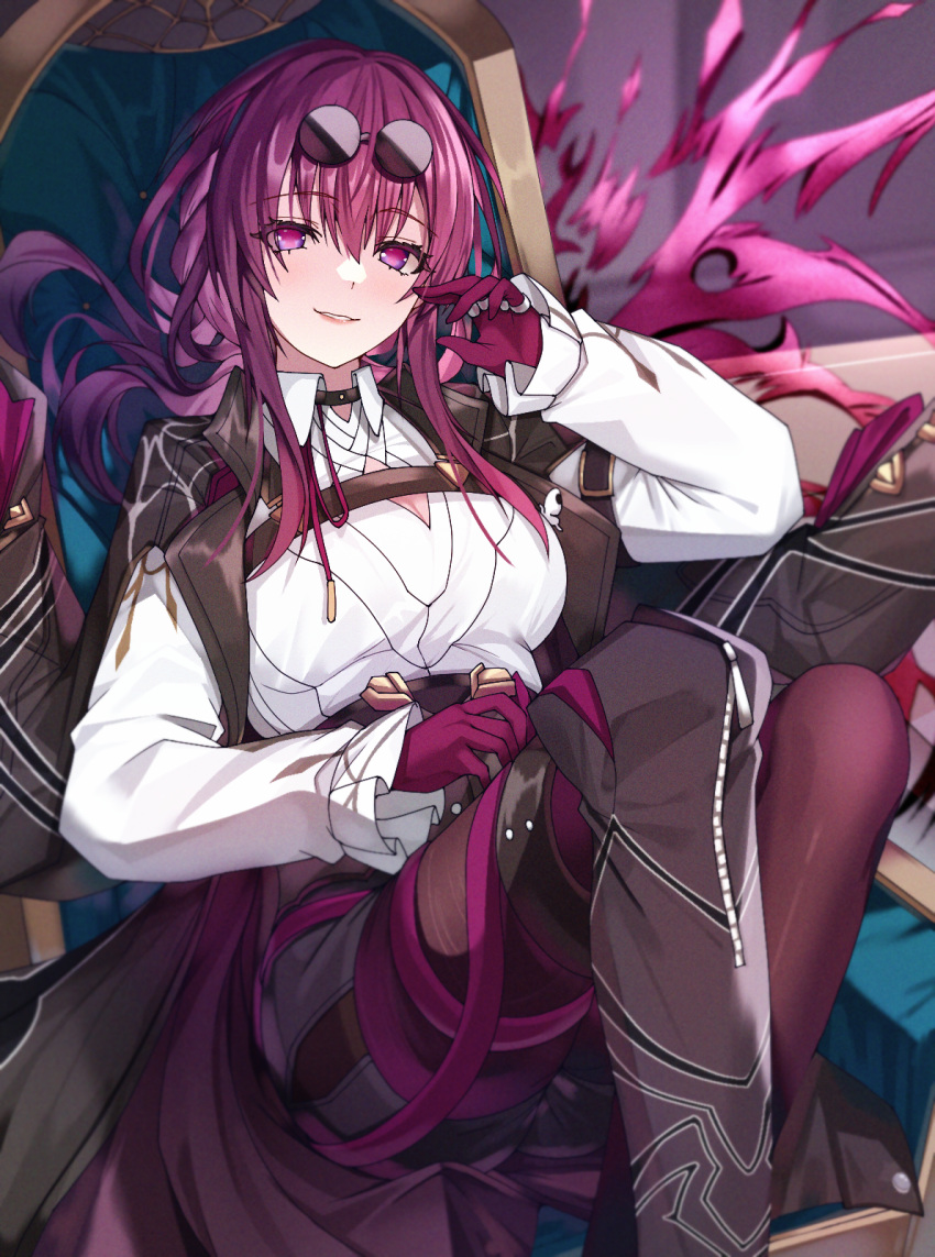 black_footwear boots breasts cleavage cleavage_cutout clothing_cutout commentary eyewear_on_head feet_out_of_frame female gloves highres honkai:_star_rail honkai_(series) kafka_(honkai:_star_rail) large_breasts long_hair long_sleeves mellow_kaede pantyhose pince-nez purple_eyes purple_gloves purple_hair purple_pantyhose shirt solo sunglasses white_shirt