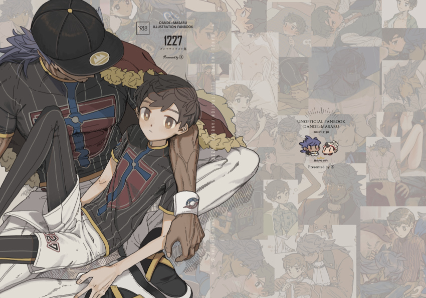 2boys baseball_cap brown_hair commentary_request cover cover_page dark-skinned_male dark_skin faceless faceless_male hat highres leon_(pokemon) looking_at_viewer looking_up male_focus mmm3sushi multiple_boys muscular muscular_male pokemon pokemon_swsh purple_hair short_hair short_sleeves shorts sitting sitting_on_lap sitting_on_person victor_(pokemon)