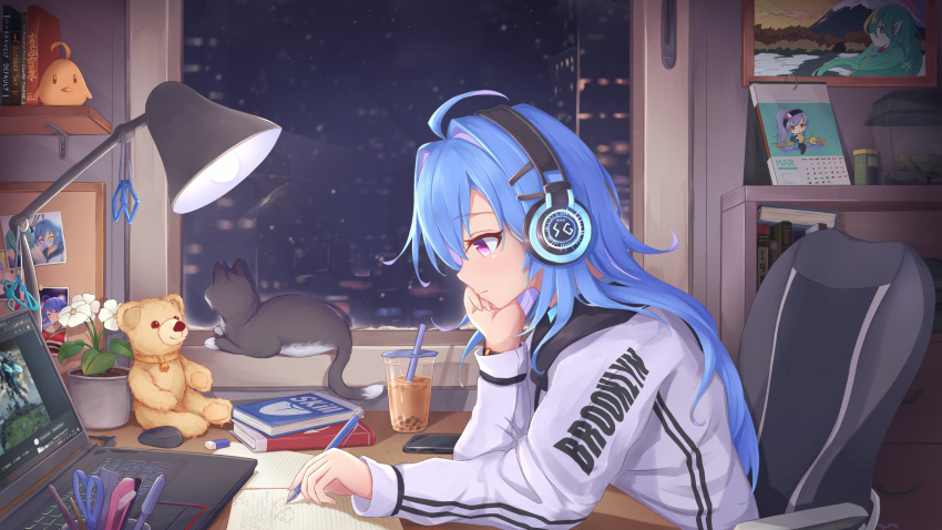 absurdres azur_lane blue_hair boise_(azur_lane) bubble_tea calendar_(object) chair cleveland_(azur_lane) computer desk_lamp english_commentary essex_(a_trip_down_route_66)_(azur_lane) essex_(azur_lane) feline female from_side headphones helena_(azur_lane) highres indoors kyl490 lamp laptop left-handed lofi_girl_(youtube) manjuu_(azur_lane) night paper pencil photo_(object) skyline st._louis_(azur_lane) st._louis_(spirits_in_the_snow)_(azur_lane) stuffed_animal stuffed_toy table teddy_bear xenoblade_chronicles_(series) xenoblade_chronicles_x