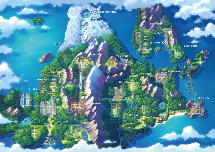 absurdres artist_request beach boat bridge building castle cloud crescent day fence highres hokkaido island lighthouse map map_(sheet) mountain no_humans ocean official_art outdoors poke_ball_symbol pokemon pokemon_bdsp pokemon_center river sand scenery snow tree water watercraft waterfall wind_turbine windmill