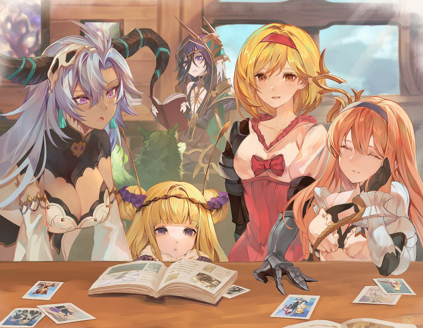 5girls antennae armor athena_(granblue_fantasy) black_gloves black_hair blonde_hair book breasts bridal_gauntlets brown_eyes cassius_(granblue_fantasy) cleavage dark-skinned_female dark_skin detached_sleeves djeeta_(granblue_fantasy) double_bun dragon_horns dress enyo_(granblue_fantasy) ewiyar_(granblue_fantasy) feather_(granblue_fantasy) fediel_(granblue_fantasy) fighter_(granblue_fantasy) flower gloves granblue_fantasy grey_hair hair_bun hair_flower hair_ornament hair_over_one_eye hairband highres hood horns jewelry kiriyama2109 large_breasts lich_(granblue_fantasy) long_hair looking_at_object mari_(granblue_fantasy) meg_(granblue_fantasy) multiple_girls photo_(object) purple_eyes randall_(granblue_fantasy) short_hair sleeveless sleeveless_dress smile sylph_(granblue_fantasy) teeth thighhighs vambraces very_long_hair vyrn_(granblue_fantasy) white_dress window