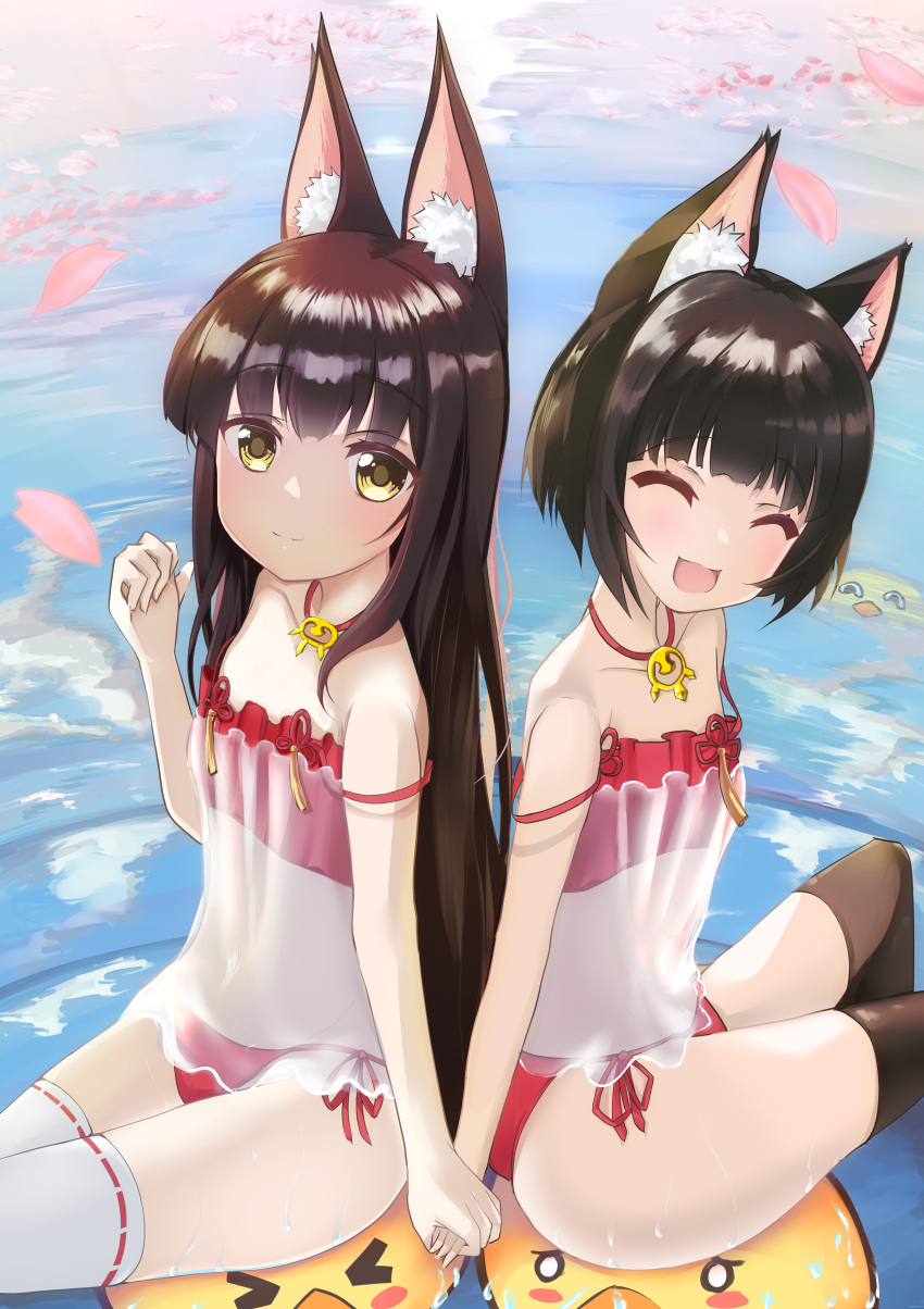 2girls 2others absurdres animal_ear_fluff animal_ears ass azur_lane back-to-back bare_shoulders black_hair black_thighhighs breasts brown_eyes camisole cherry_blossoms closed_eyes fox_ears fox_girl hagakure_kirin_(kiryu036) highres holding_hands long_hair looking_at_viewer manjuu_(azur_lane) multiple_girls multiple_others mutsu_(azur_lane) nagato_(azur_lane) nagato_(great_fox's_respite)_(azur_lane) open_mouth outdoors panties petals red_camisole red_panties see-through short_hair side-tie_panties sitting small_breasts smile strap_slip thighhighs thighs underwear very_long_hair water white_thighhighs