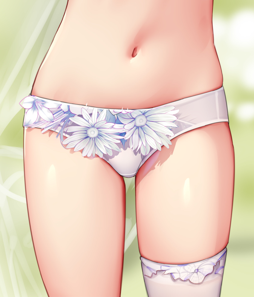 absurdres bikini_bottom blurry blurry_background commentary_request copyright_request depth_of_field female flower flower_trim gei_daipf highres lower_body navel single_thighhigh skindentation solo standing stomach thighhighs white_bikini_bottom white_flower white_legwear