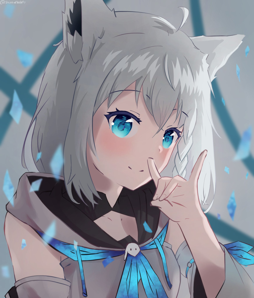 ahoge animal_ears antenna_hair blue_eyes closed_mouth commentary crossed_bangs female fox_ears fox_girl grey_background highres hololive light_blush long_hair looking_at_viewer looking_to_the_side shaded_face shirakami_fubuki shirakami_fubuki_(1st_costume) shironekokfp simple_background smile solo virtual_youtuber white_hair