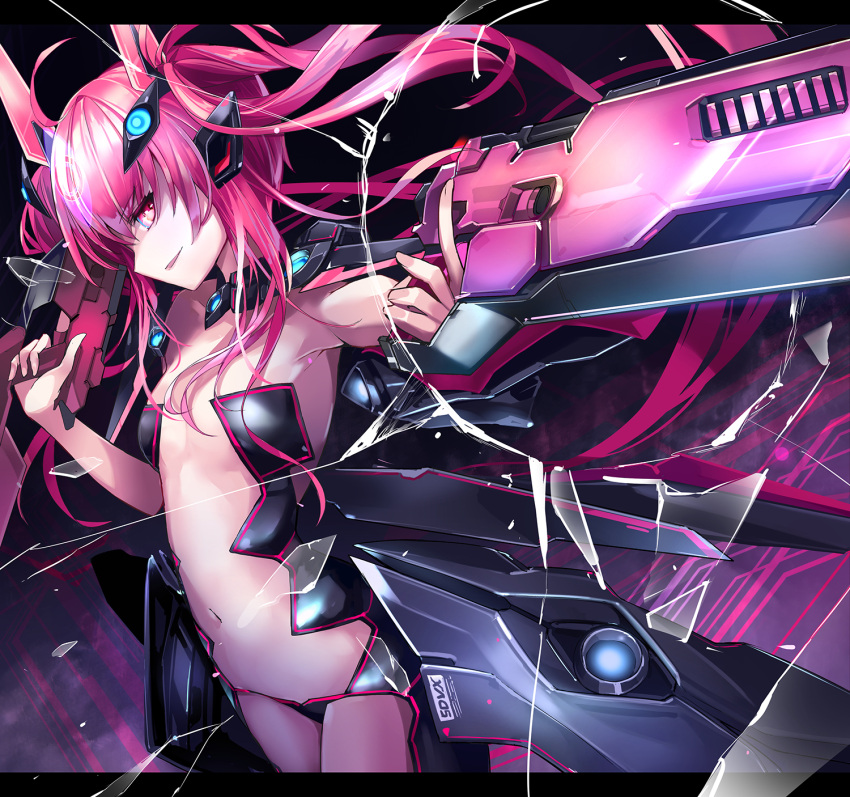 ahoge bemani breasts broken_glass commentary cowboy_shot evil_eye_(sound_voltex) female glass glass_shards grace_(sound_voltex) gun hair_ornament highres holding holding_gun holding_weapon kie_(yospcd) letterboxed long_hair looking_to_the_side mechanical_wings navel outstretched_arm pink_eyes pink_hair revealing_clothes sidelocks small_breasts smile solo sound_voltex standing twintails weapon wings