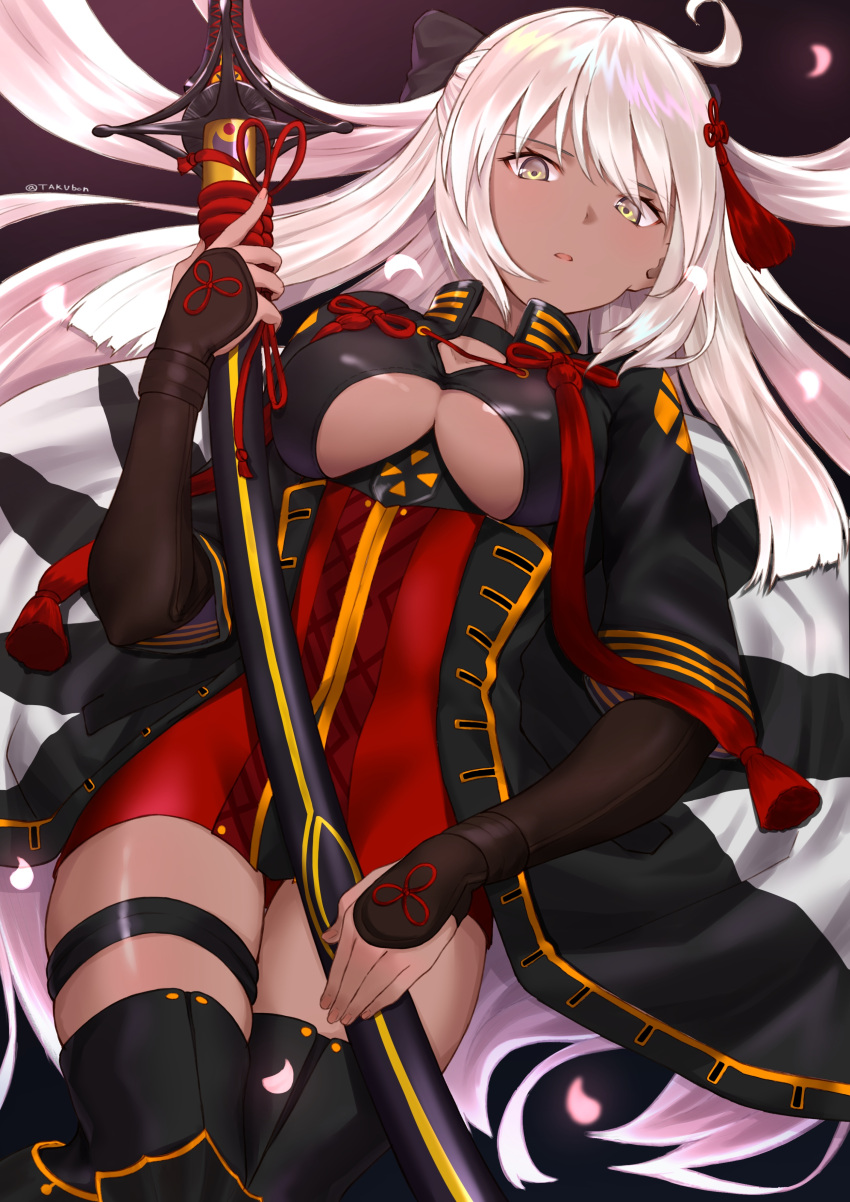 absurdres ahoge black_legwear breasts cleavage dark-skinned_female dark_skin elbow_gloves fate/grand_order fate_(series) female fingerless_gloves gloves hair_between_eyes hairband highres holding holding_weapon japanese_clothes katana large_breasts leg_belt long_hair looking_at_viewer lying okita_souji_(fate) okita_souji_alter_(fate) petals ribbon sword takubon thighhighs underboob very_long_hair weapon white_hair yellow_eyes