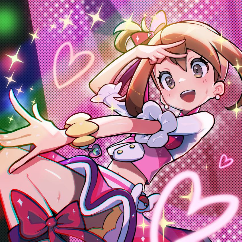 :d blush bongnom bracelet bright_pupils brown_eyes brown_hair commentary eyelashes female happy heart highres idol jewelry may_(pokemon) open_mouth overskirt pokemon pokemon_oras shiny_skin short_sleeves shorts shorts_under_skirt smile sparkle sweat teeth tongue upper_teeth_only v white_pupils yellow_shorts