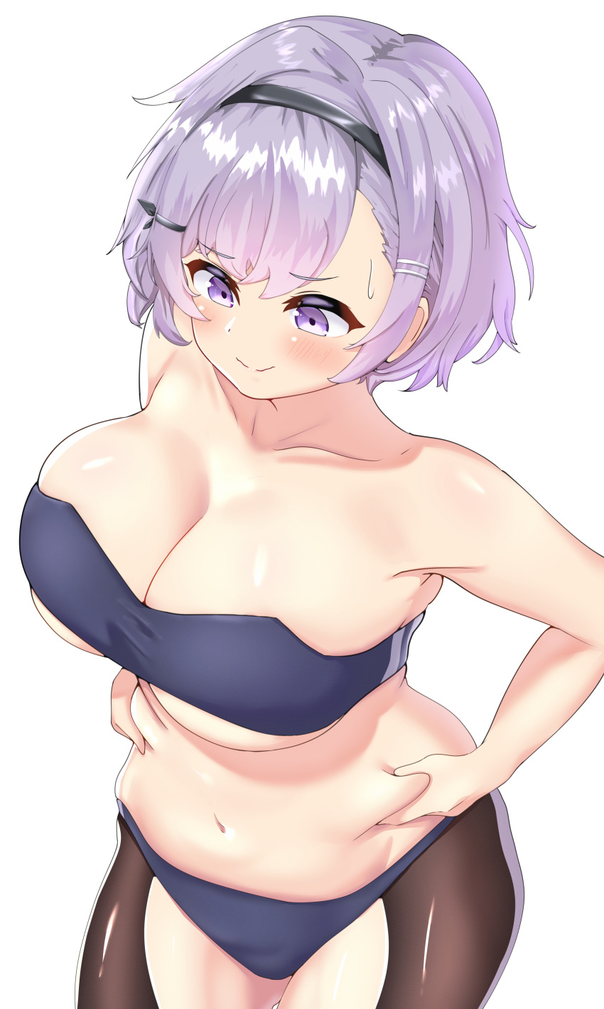 absurdres ass azur_lane bandeau belly belly_grab black_bra black_hairband black_panties black_pantyhose blush bra breasts collarbone crotchless crotchless_pantyhose curvy eyelashes false_smile female from_above groin hairband highres huge_breasts large_breasts light_purple_hair looking_down navel panties pantyhose parted_hair plump purple_eyes reno_(azur_lane) smile solo strapless trembling underwear underwear_only ushimittsu weighing_scale weight_conscious weight_gain