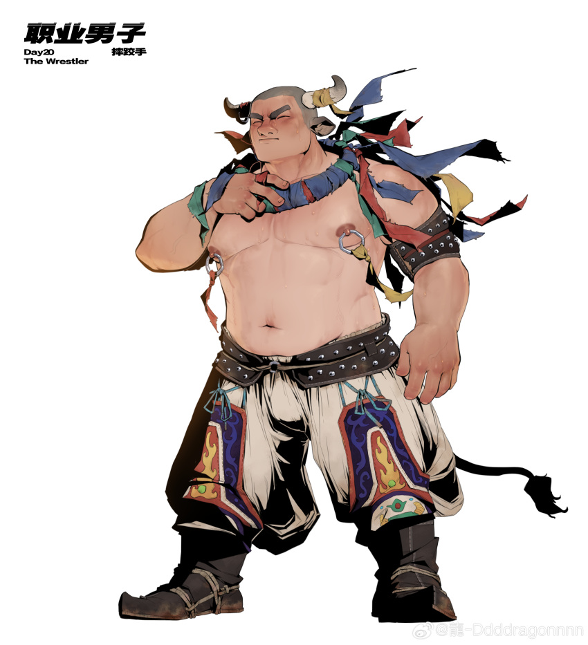 1boy absurdres animal_ears baggy_pants bara belly blush bulge buzz_cut closed_eyes cow_boy cow_ears cow_horns dragonpie facing_ahead frown full_body grey_hair highres horns huge_pectorals legs_apart male_focus mature_male muscular muscular_male nipple_piercing nipple_rings nipples original pants piercing plump short_hair solo standing strongman_waist thick_eyebrows topless_male very_short_hair white_background wrestling_outfit