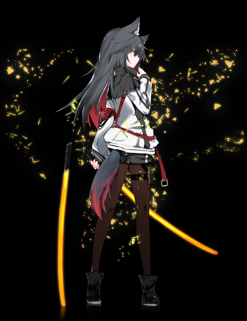 absurdres ankle_boots arknights black_background black_footwear black_hair black_shorts blush boots brown_eyes brown_pantyhose closed_mouth commentary energy_sword error1980 female from_behind full_body glowing highres holding holding_sword holding_weapon jacket long_hair long_sleeves looking_afar looking_away multicolored_hair originium_arts_(arknights) pantyhose planted planted_sword pouch profile red_hair short_shorts shorts simple_background solo standing sword tail texas_(arknights) thigh_pouch thigh_strap two-tone_hair weapon white_jacket