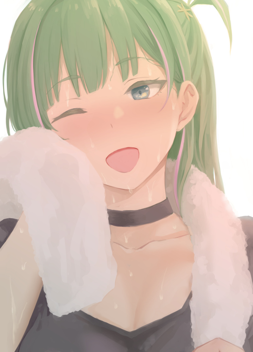 :d blue_eyes blush breasts choker cleavage commentary_request female gomu_(chewinggom) green_hair highres idoly_pride komiyama_ai looking_at_viewer one_eye_closed one_side_up open_mouth simple_background smile solo sweat towel towel_around_neck upper_body white_background white_choker wiping_face