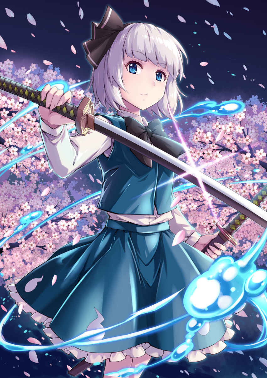 absurdres black_headband black_ribbon blue_eyes bob_cut cherry_blossoms closed_mouth collared_shirt cowboy_shot falling_petals female fish.boy flower green_skirt green_vest hair_ribbon hairband headband highres hitodama holding holding_sword holding_weapon katana konpaku_youmu long_sleeves looking_at_viewer medium_hair night night_sky petals pink_flower ribbon shirt skirt sky solo sparkle standing sword touhou vest weapon white_hair white_shirt