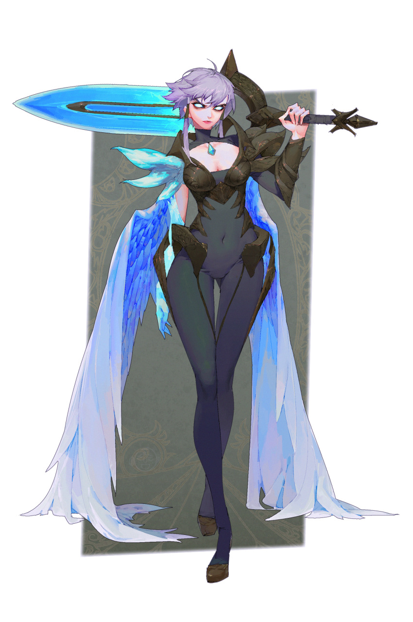 absurdres ahoge blue_eyes bodysuit breasts brown_footwear cleavage collar commentary_request dawnbringer_riven female fj_wu_cheng'en full_body greatsword grey_background grey_bodysuit highres holding holding_sword holding_weapon jewelry league_of_legends lips looking_at_viewer medium_breasts neckwear_request over_shoulder photoshop_(medium) purple_hair riven_(league_of_legends) shoes short_hair sidelocks simple_background solo sword sword_over_shoulder turtleneck walking weapon weapon_over_shoulder white_background wings