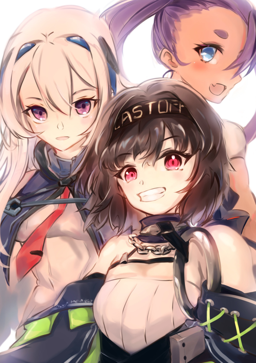 3girls absurdres azur_lane black_hair blue_eyes bluegill_(azur_lane) breasts casablanca_(azur_lane) commentary cooper_(azur_lane) hachimaki headband headgear highres long_hair multiple_girls o-ring oerba_yun_fang ponytail purple_eyes purple_hair red_eyes shika_(shika0) short_eyebrows short_hair small_breasts smile tan white_hair