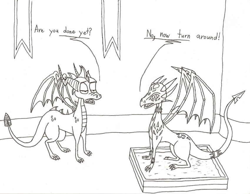 activision black_and_white cynder dragon duo female feral legend_of_spyro litter_box litter_box_usage male male/female monochrome mythological_creature mythological_scalie mythology perspectivezero scalie simple_background spyro spyro_the_dragon temple white_background