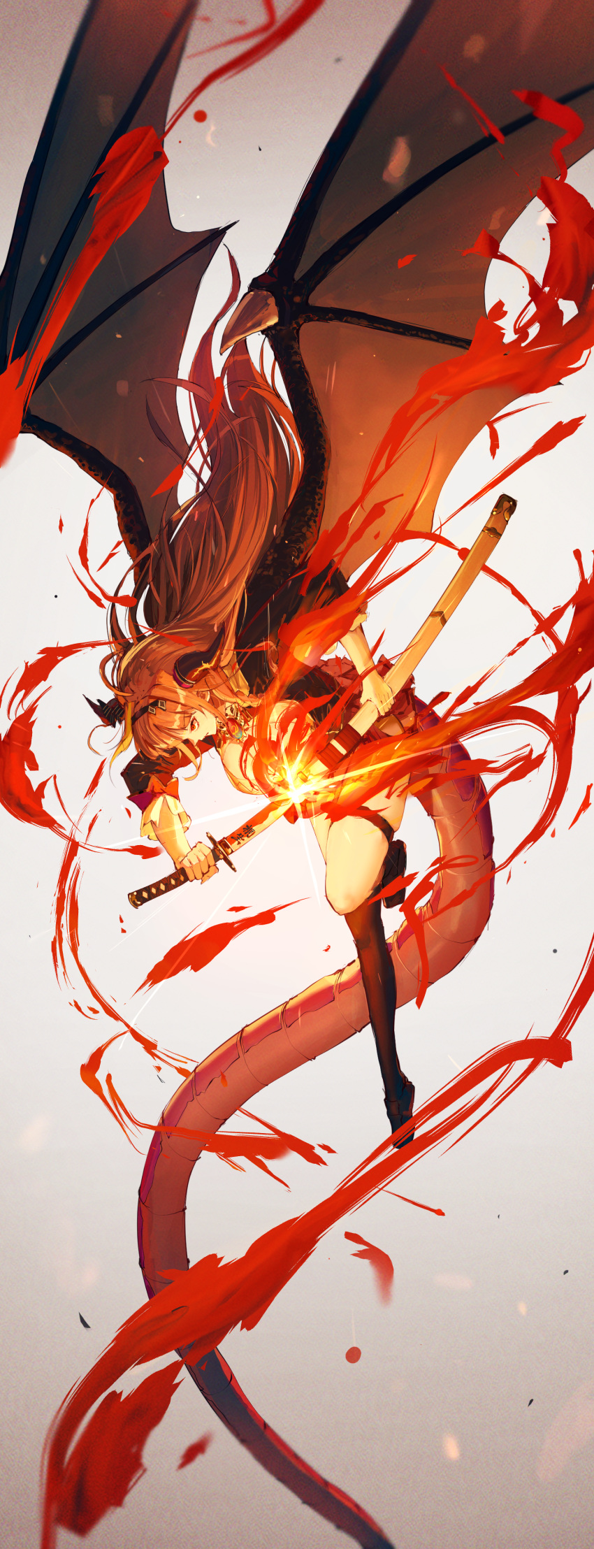 absurdres black_thighhighs breasts commentary dragon_girl dragon_horns dragon_tail female fighting_stance fire hairband highres holding holding_sword holding_weapon hololive horns katana kiryu_coco kiryu_coco_(1st_costume) large_breasts looking_at_viewer looking_down mazel_(mazel_star) orange_eyes orange_hair sheath sidelocks single_thighhigh solo sword tail thigh_strap thighhighs translation_request unsheathing virtual_youtuber weapon