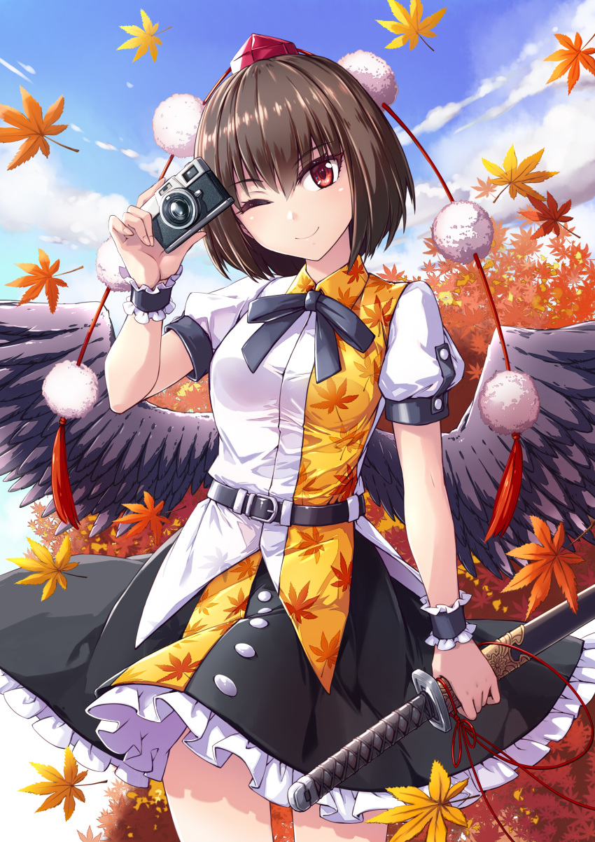 absurdres autumn_leaves bird_wings black_bow black_skirt black_wings blue_sky bow brown_eyes brown_hair camera day female fish.boy frilled_skirt frills hat highres holding holding_camera holding_sword holding_weapon leaf_print looking_at_viewer one_eye_closed outdoors pom_pom_(clothes) puffy_short_sleeves puffy_sleeves red_eyes shameimaru_aya shirt short_hair short_sleeves skirt sky solo sword tokin_hat touhou weapon white_shirt wings