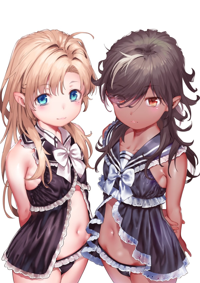 2girls :3 ahoge al_(karochii) arms_behind_back babydoll bare_shoulders black_babydoll black_hair black_panties blonde_hair blue_eyes blush bow bowtie breasts cowboy_shot dark-skinned_female dark_skin elle_(karochii) frilled_babydoll frilled_panties frills highres karochii lingerie long_hair looking_at_viewer mole mole_under_eye multicolored_hair multiple_girls navel orange_eyes original panties pointy_ears simple_background small_breasts streaked_hair two-tone_hair two-tone_panties underwear white_background white_bow white_hair