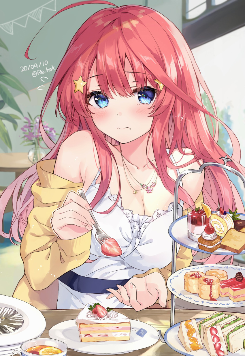 absurdres ahoge bare_shoulders blue_eyes breasts cake cake_slice cleavage closed_mouth commentary cup dated dress embarrassed female fingernails flower flower_necklace food food_on_face fork fruit fruit_sandwich glint go-toubun_no_hanayome hair_ornament highres holding holding_fork incoming_food indoors jacket jam jewelry lemon lemon_slice long_hair looking_at_viewer mousse_(food) nakano_itsuki necklace off_shoulder open_clothes open_jacket plate plate_stack pound_cake red_hair sakura_honoka_(srhk0623) sandwich scone sleeveless sleeveless_dress solo spaghetti_strap star_(symbol) star_hair_ornament star_necklace strawberry strawberry_shortcake swiss_roll tea teacup tiered_tray vase white_dress window yellow_jacket