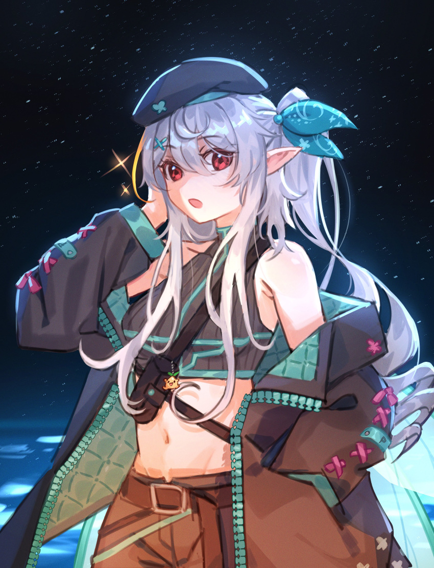 absurdres bare_shoulders belt beret black_hat black_jacket black_shirt blue_ribbon brown_belt crop_top female grey_hair hair_ornament hair_ribbon hat highres jacket long_hair long_sleeves looking_at_viewer maplesights navel nijisanji nijisanji_en off_shoulder official_alternate_costume official_alternate_hair_color open_clothes open_jacket open_mouth pointy_ears pomu_rainpuff pomu_rainpuff_(3rd_costume) pomudachi_(pomu_rainpuff) ponytail red_eyes ribbon shirt sleeveless sleeveless_shirt solo virtual_youtuber x_hair_ornament