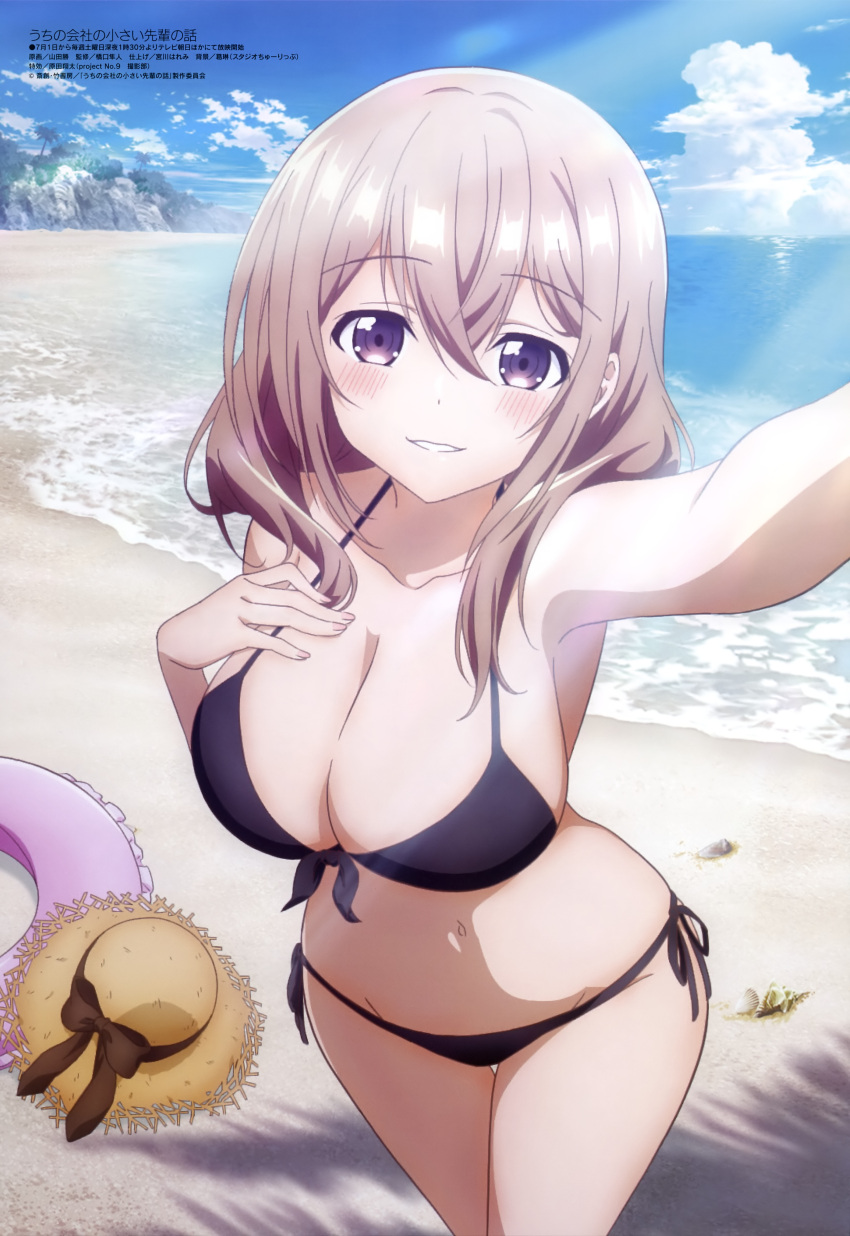 2023 absurdres beach bikini black_bikini blush breasts brown_hair cleavage female female_focus hand_on_own_chest hat highres innertube katase_shiori large_breasts long_hair looking_at_viewer magazine_scan manga_life megami_magazine my_tiny_senpai navel official_art outdoors petite project_no.9 sand scan selfie shortstack side-tie_bikini_bottom sideboob sky small_but_busty smile solo stomach sun_hat swimsuit uchi_no_kaisha_no_chiisai_senpai_no_hanashi yamada_masaru