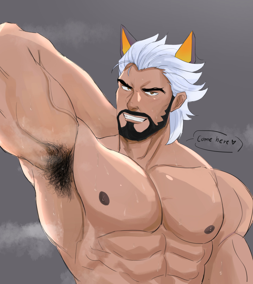 1boy 2022 abs arm_behind_head armpit_hair bara barazoku battle_bunny_series battle_wolf_sylas beard biceps facial_hair gay hairy hi_res highres league_of_legends looking_at_viewer male male_focus male_nipples male_only manly muscles muscular muscular_arms muscular_male nipples no_visible_genitalia ppssan057 riot_games solo solo_male sweat sylas