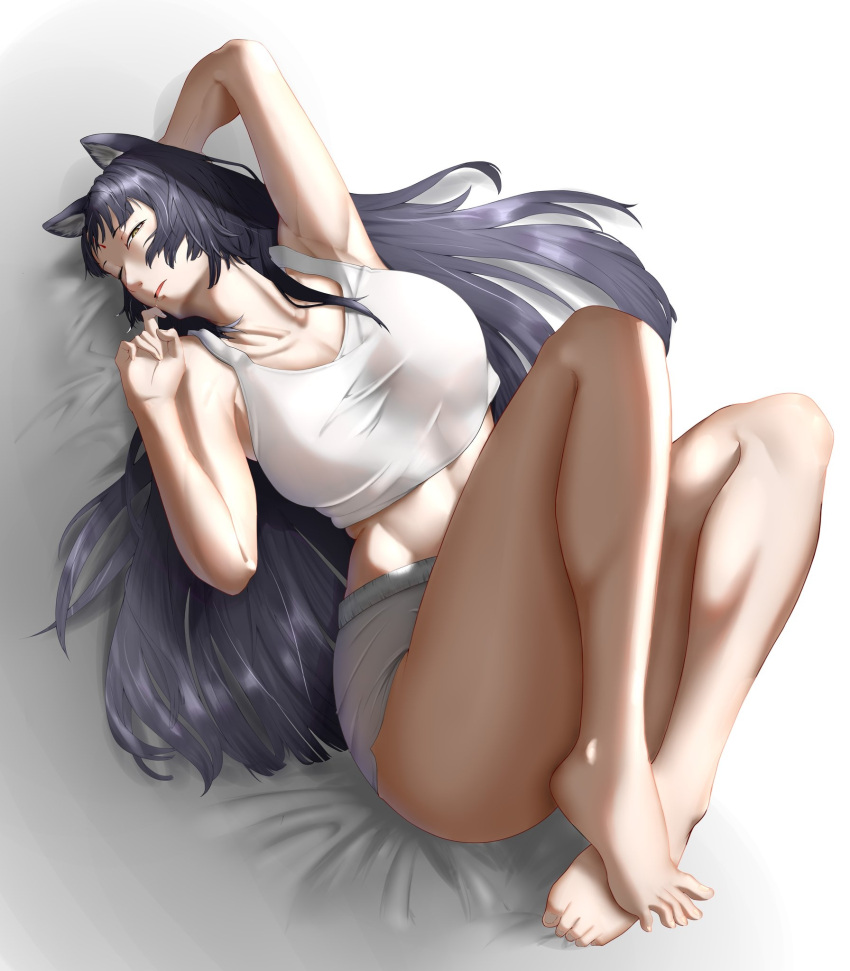 1girls 2023 animal_ears arknights arm_up armpits asleep bare_legs barefoot black_hair collarbone dog_ears dog_girl hi_res kemonomimi light-skinned_female light_skin littles19 long_hair lying no_bra open_mouth saga_(arknights) shorts simple_background solo t-shirt thighs very_long_hair yellow_eyes