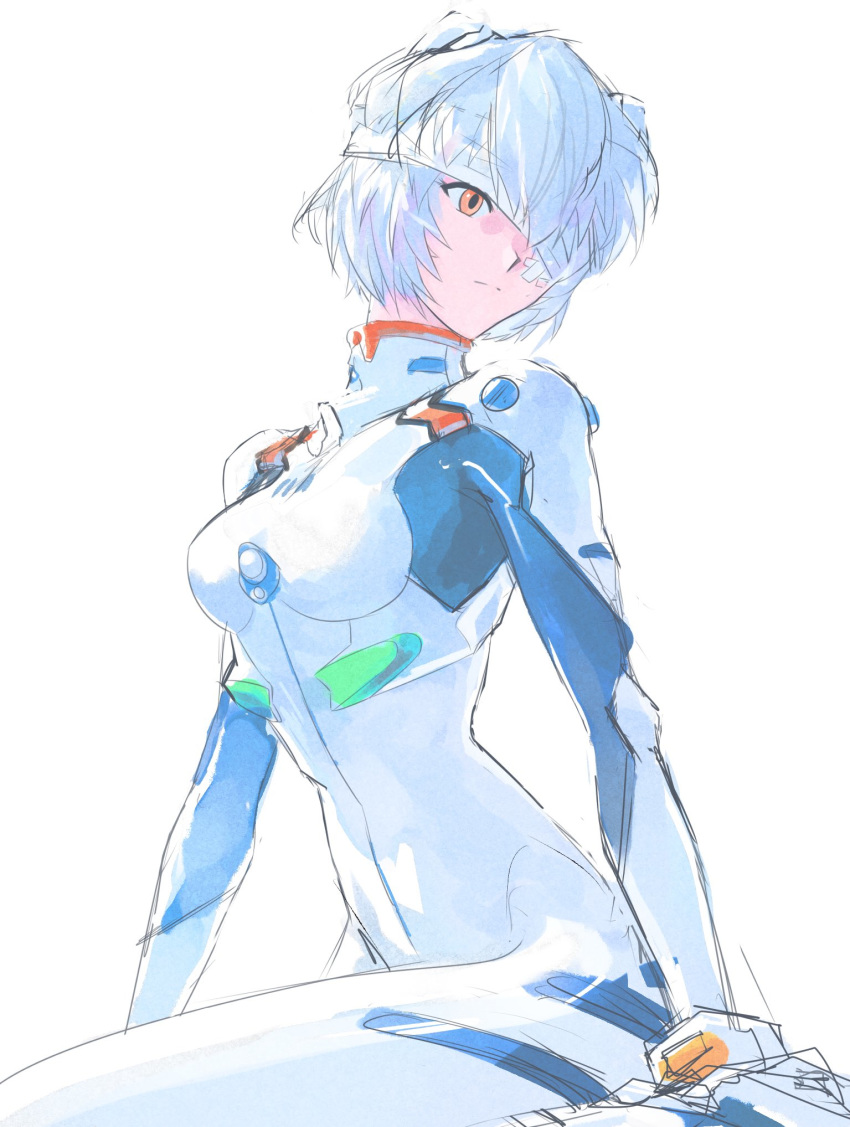 ayanami_rei bandages blue_hair bodysuit breasts bystander female headgear highres interface_headset looking_to_the_side medium_breasts neon_genesis_evangelion pilot_suit plugsuit red_eyes science_fiction short_hair skin_tight solo white_bodysuit